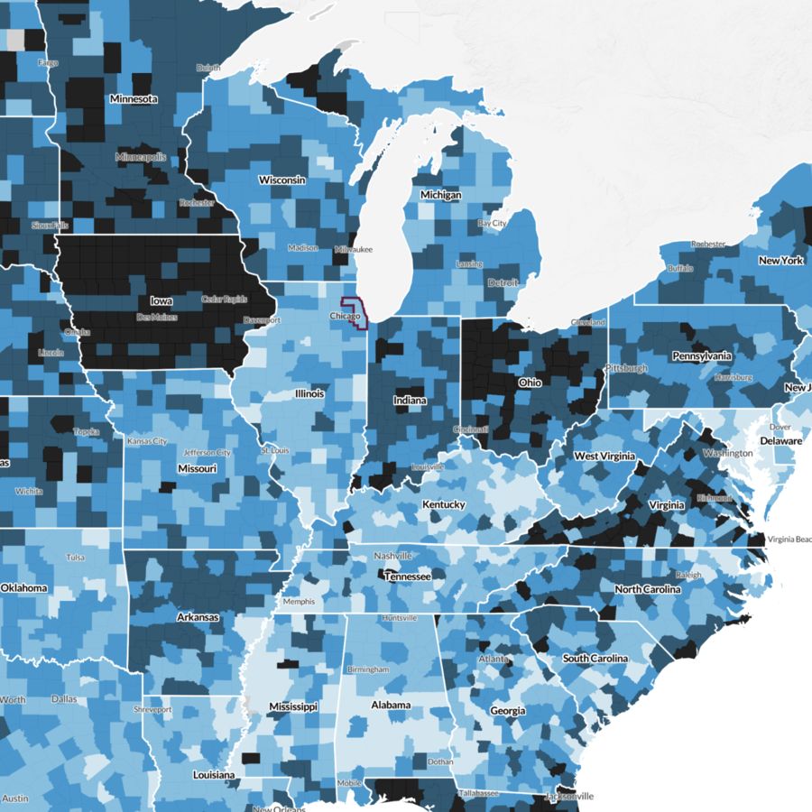 A choropleth map showing counties in the United States