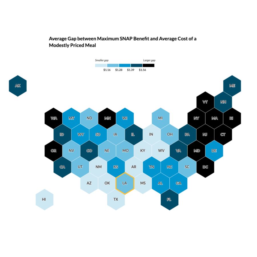 A cartogram showing U.S. states and the gap between the maximum SNAP benefit and the average cost of a modestly priced meal